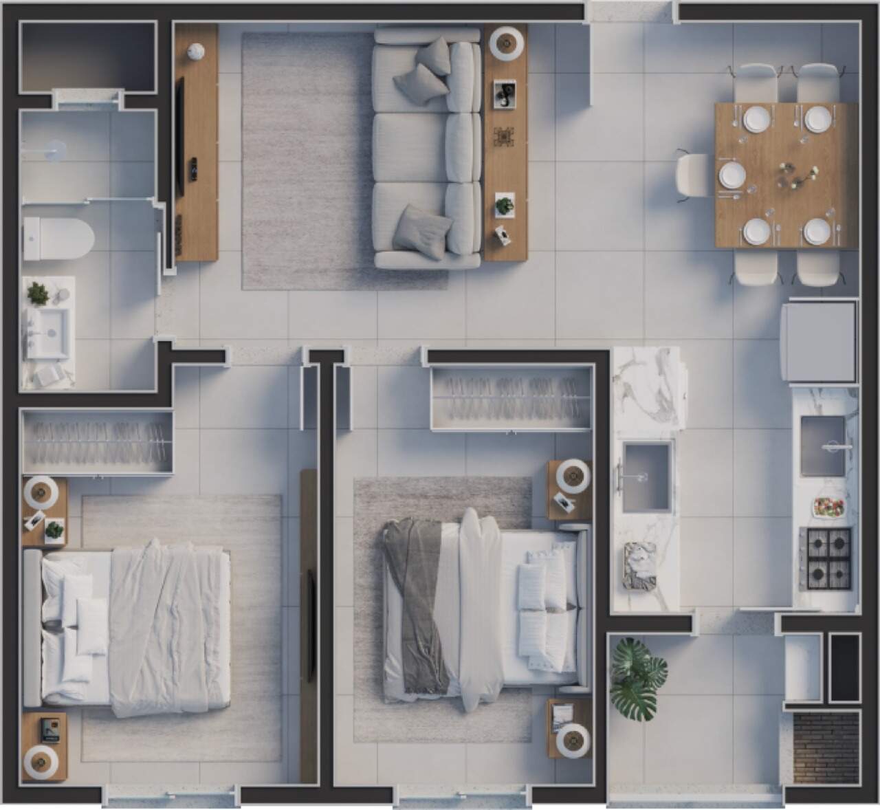 Planta tipo D, 55,53 m²: 2 dormitórios e 1 vaga (imagem ilustrativa)