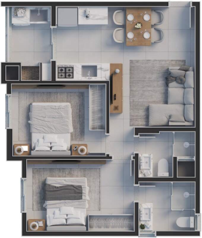 Planta tipo E, 55,97 m²: suíte, 1 dormitório e 1 vaga (imagem ilustrativa)