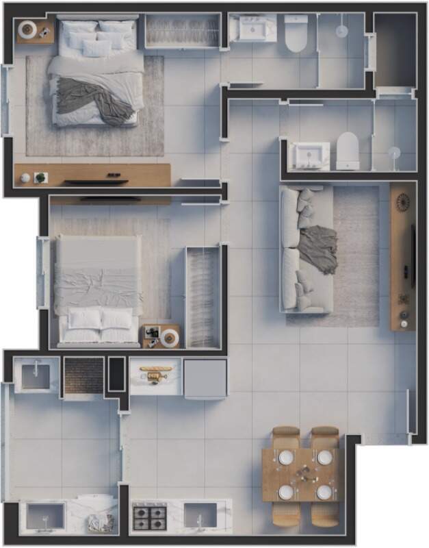Planta tipo F, 59,81 m²: suíte, 1 dormitório e 1 vaga (imagem ilustrativa)