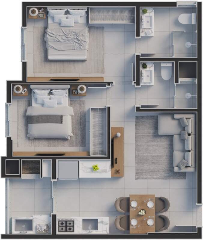 Planta tipo G, 56,18 m²: suíte, 1 dormitório e 1 vaga (imagem ilustrativa)