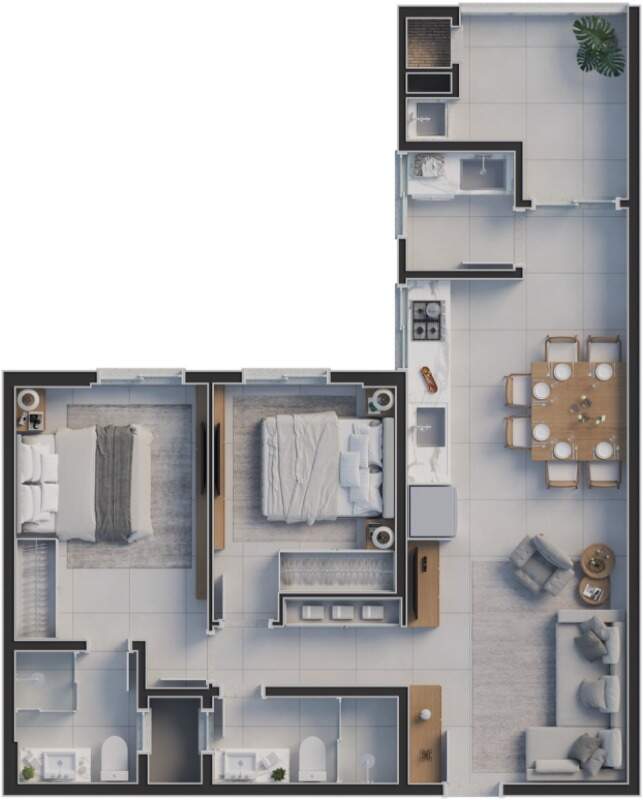Planta tipo H, 71,42 m²: suíte, 1 dormitório e 1 vaga (imagem ilustrativa)