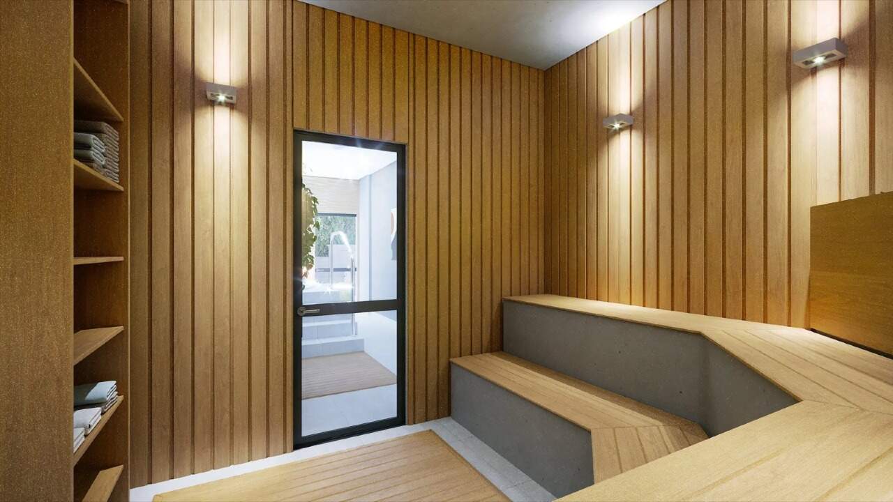 Sauna com bancos de madeira (imagem ilustrativa)