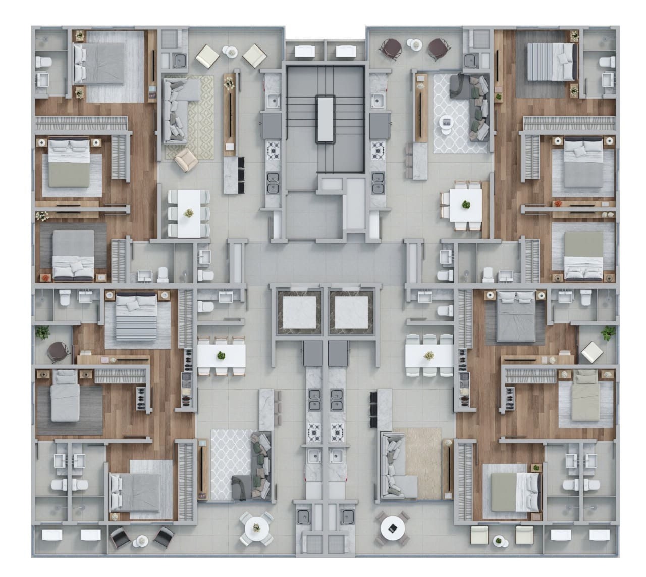 Planta do pavimento tipo, com quatro apartamentos por andar