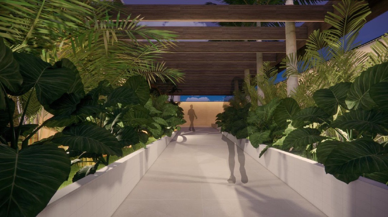 Acesso com jardim tropical no térreo do Jardins da Brava (imagem ilustrativa)