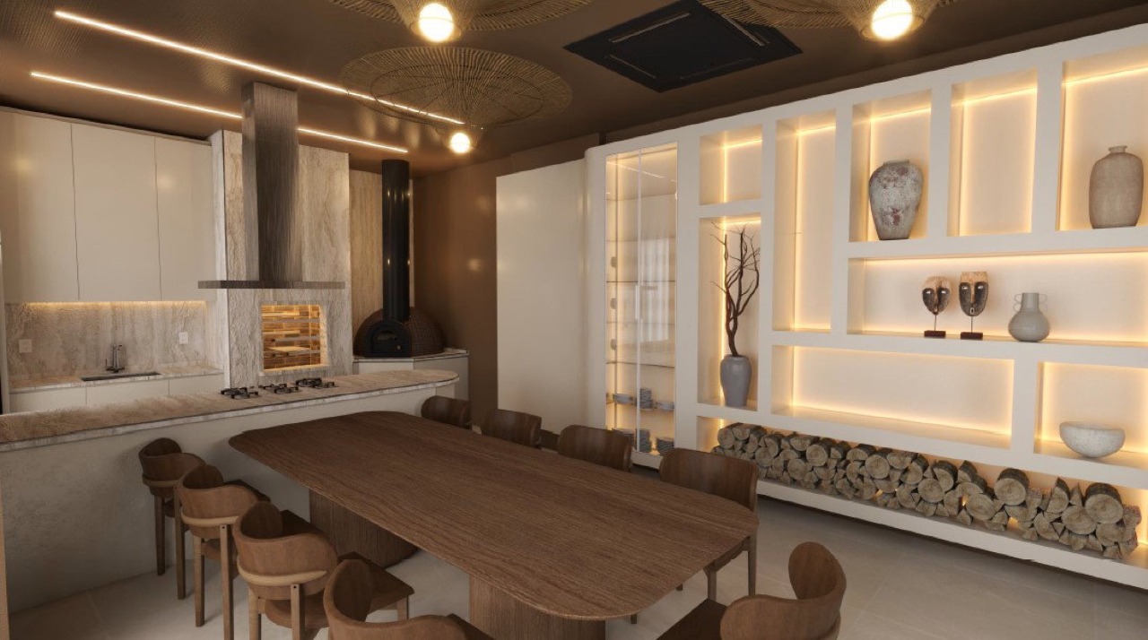 Pizza place com forno e mesa comunitária (imagem ilustrativa)
