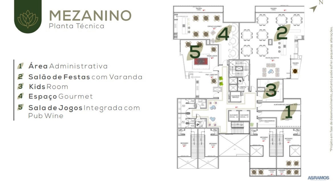 Planta do mezanino: salão de festas, kids room, gourmet e sala de jogos