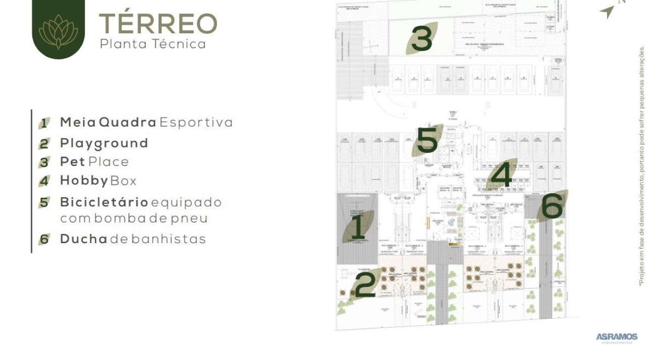 Planta do térreo: meia quadra, playground, pet place e bicicletário