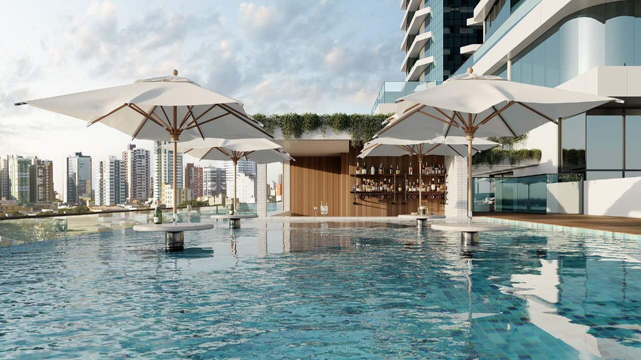 Bar molhado junto à piscina adulto, no pavimento de lazer externo (imagem ilustrativa)