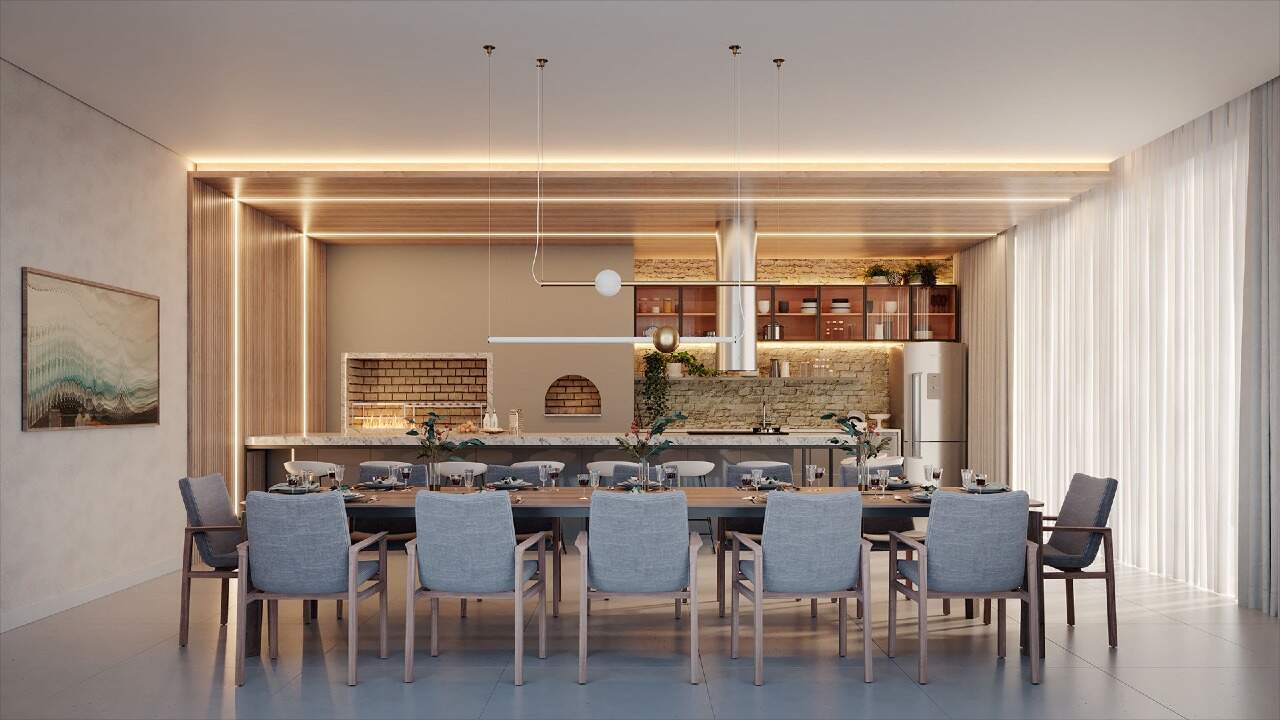 Espaço gourmet com cozinha e mesa comunitária (imagem ilustrativa)