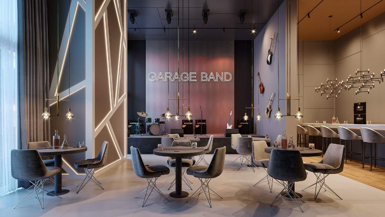 Garage band com instrumentos e mesas (imagem ilustrativa)