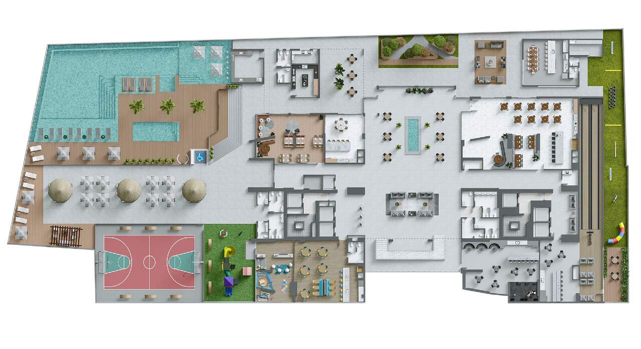 Planta do primeiro pavimento de lazer: piscinas, quadra, playground, boliche e salões