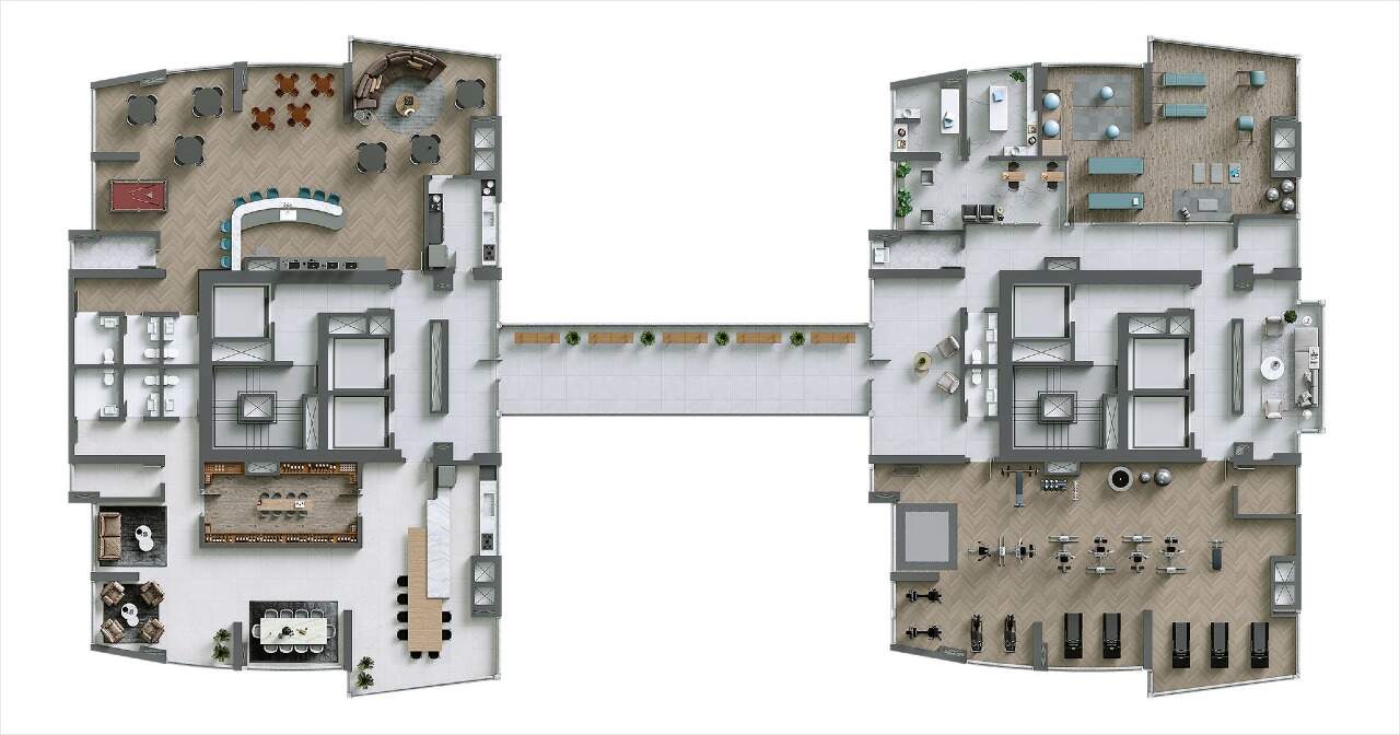 Planta do pavimento de lazer da passarela: pub, wine bar, academia, pilates e beauty