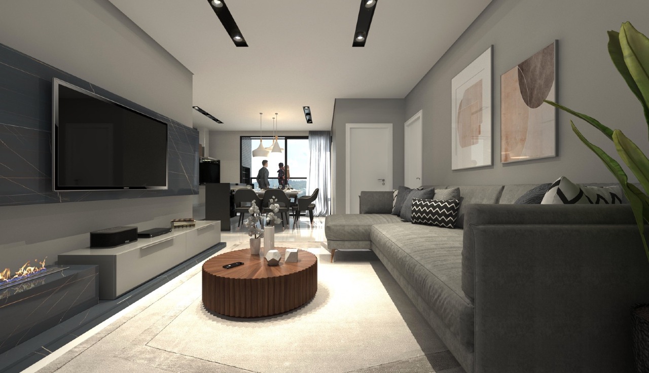 Living de apartamento com painel de TV (imagem ilustrativa)
