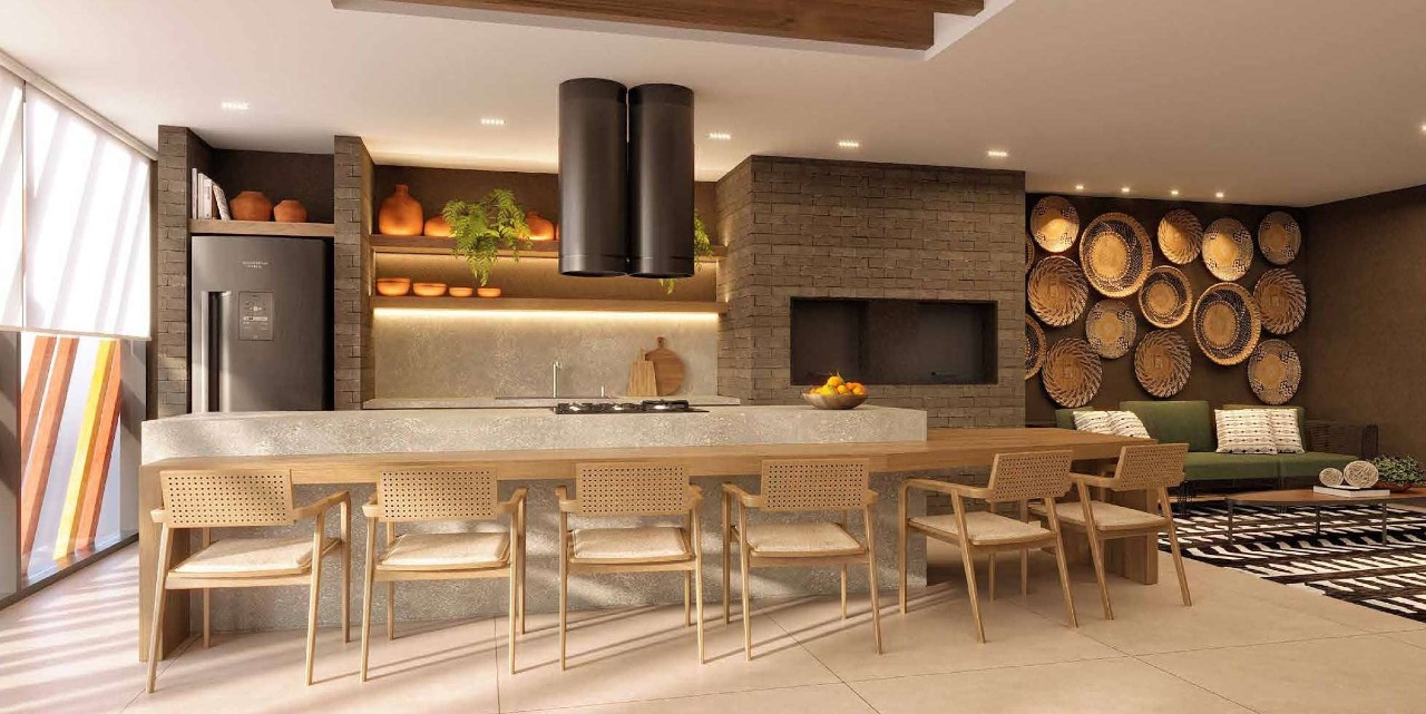 Área gourmet com balcão, cooktop e banquetas (imagem ilustrativa)