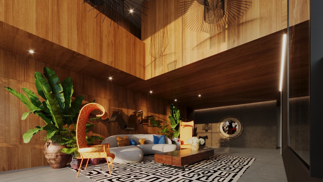 Lounge com pé-direito duplo, painéis de madeira e tapete geométrico (imagem ilustrativa)