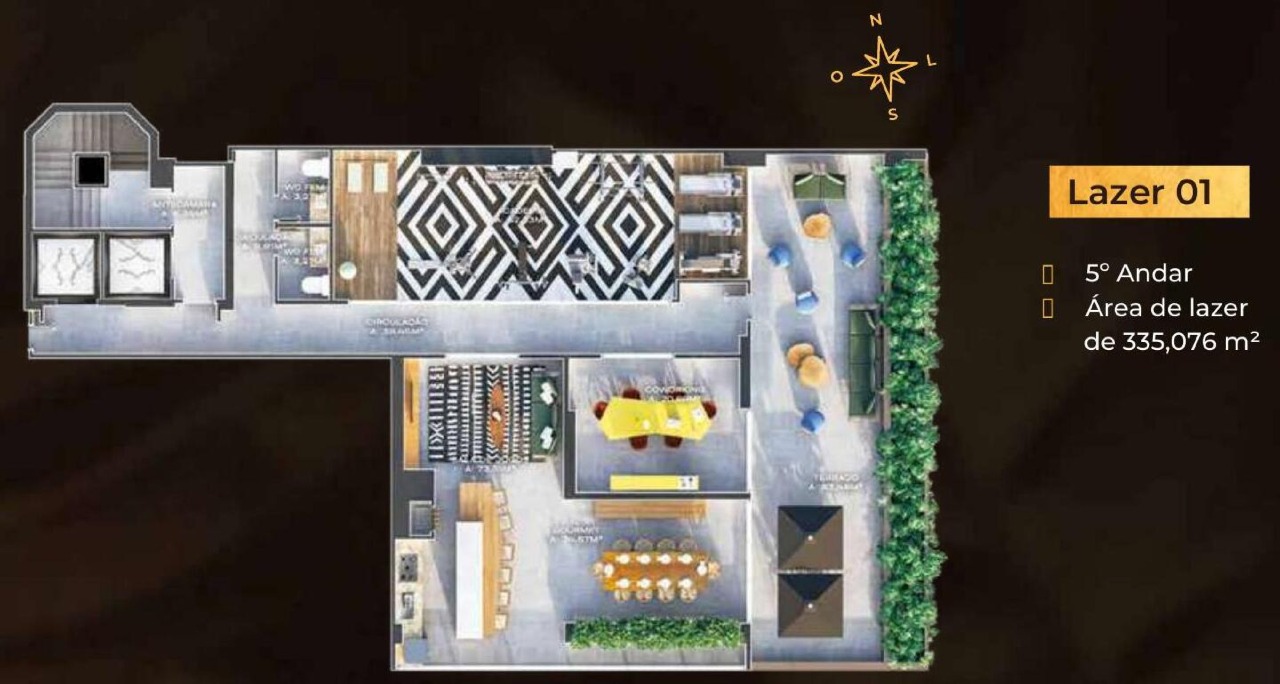 Planta do lazer de 335,08 m² na base da torre, com coworking e área gourmet