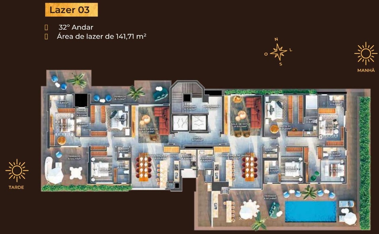Planta do rooftop, com 141,71 m² de lazer e piscina aquecida