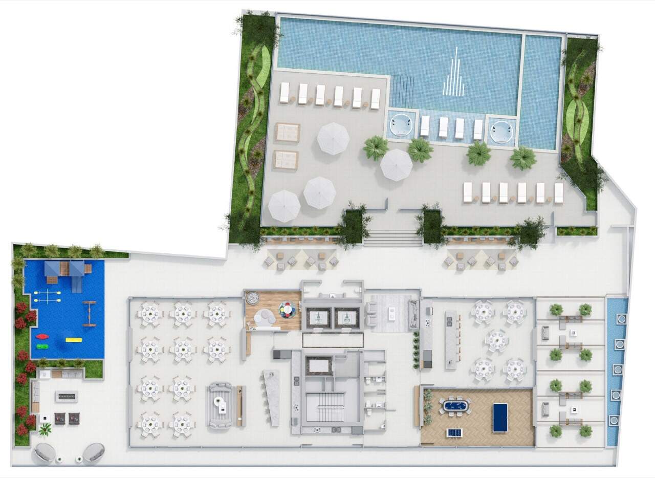 Planta do lazer com piscinas, playground, salão de festas e espaço gourmet