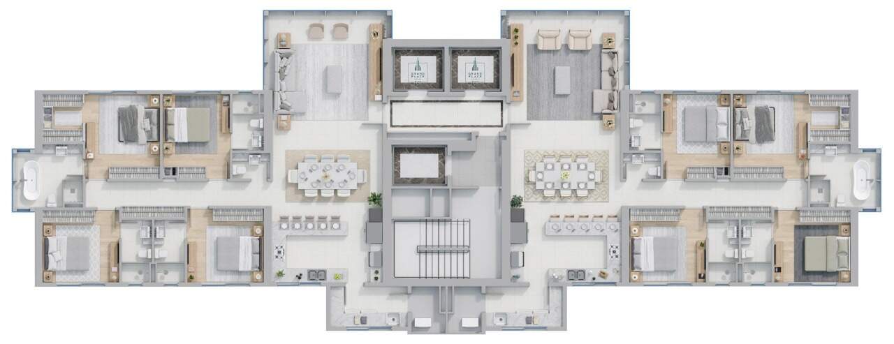 Planta do pavimento tipo, com dois apartamentos de 170,42 m² e 4 suítes