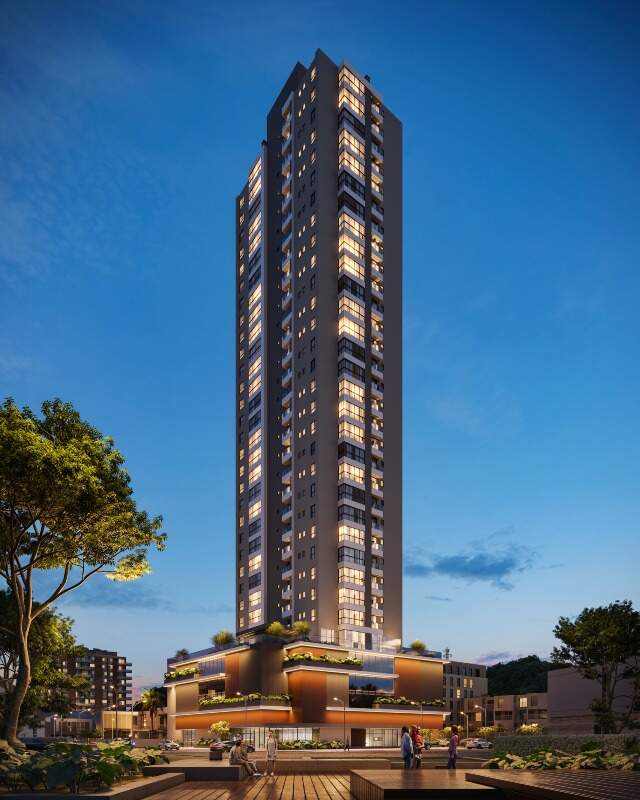 Fachada do Residencial Positano ao entardecer, na Praia Brava, em Itajaí