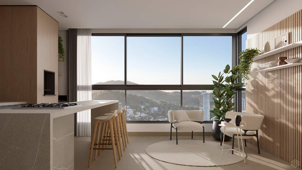 Sacada integrada ao living do apartamento final 03, com ilha e churrasqueira (imagem ilustrativa)