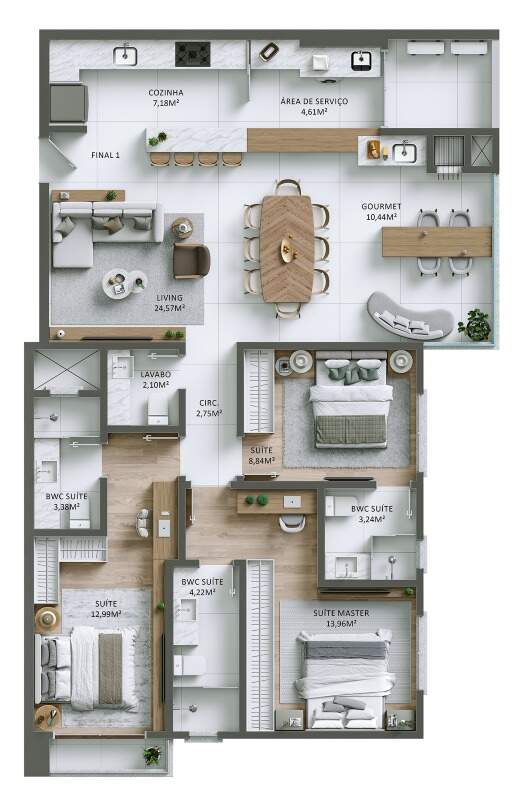 Planta do apartamento final 01: 3 suítes e sacada gourmet, 117 m² privativos