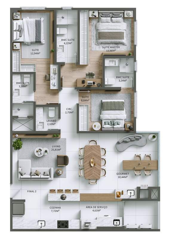Planta do apartamento final 02: 3 suítes e sacada gourmet, 117,06 m² privativos