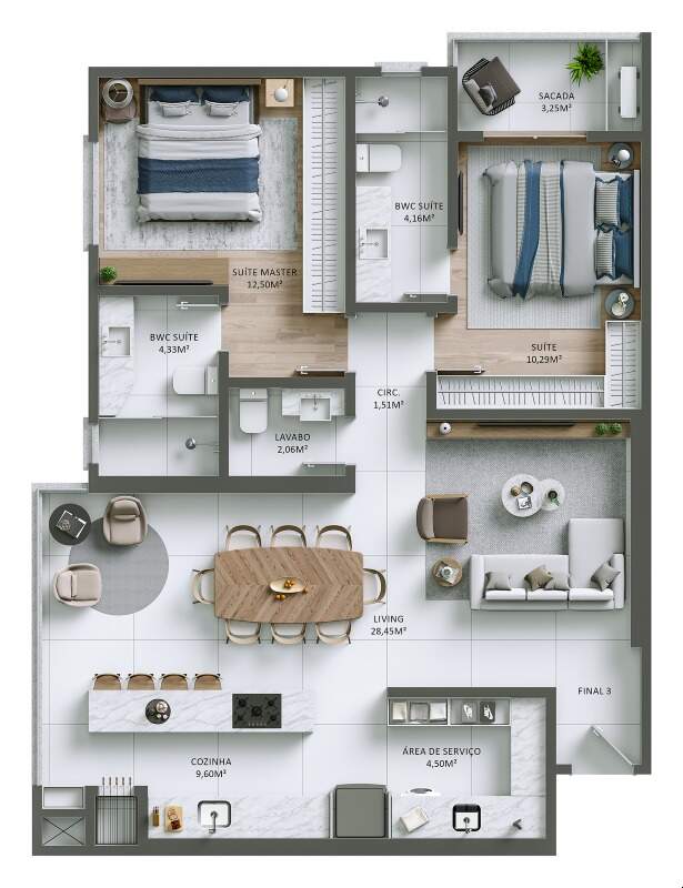 Planta do apartamento final 03: 2 suítes e living integrado, 93,39 m² privativos