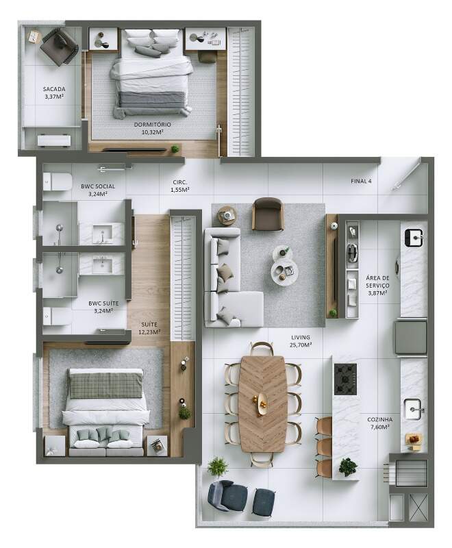 Planta do apartamento final 04: 1 suíte e 1 dormitório, 82,35 m² privativos