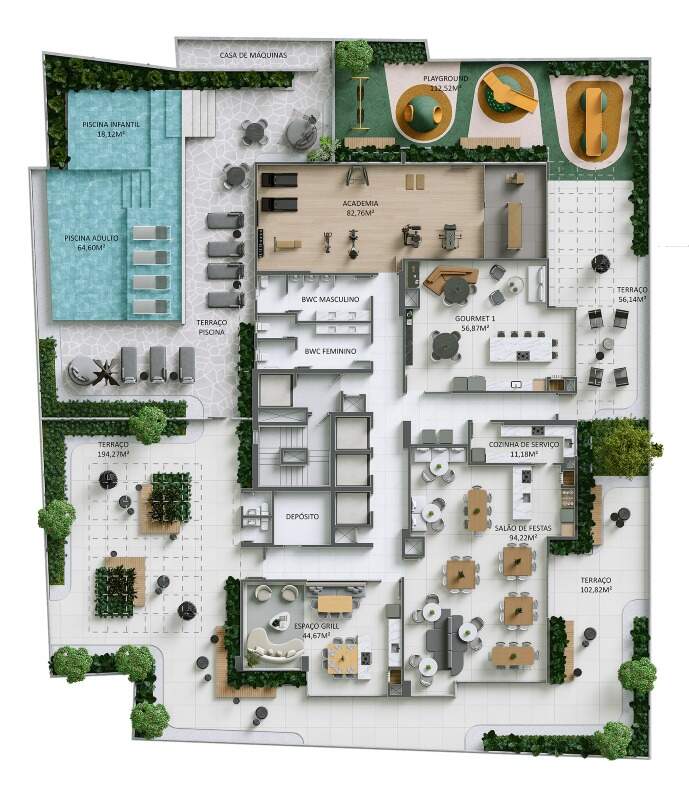 Planta do pavimento de lazer do Residencial Positano, com piscinas, academia e salão de festas