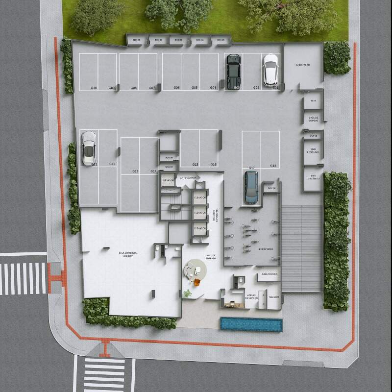 Planta do térreo do Residencial Positano, com hall de entrada, bicicletário e sala comercial