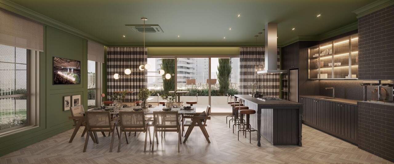Sport grill do Gales Village, com cozinha em ilha e mesas (imagem ilustrativa)