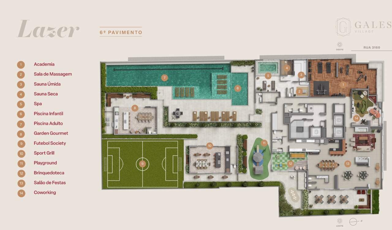 Planta do pavimento de lazer do Gales Village, com 14 ambientes em mais de 1.600 m²