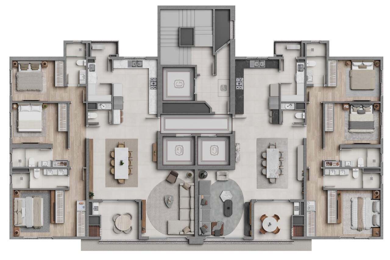 Planta do pavimento tipo do Gales Village, com dois apartamentos por andar