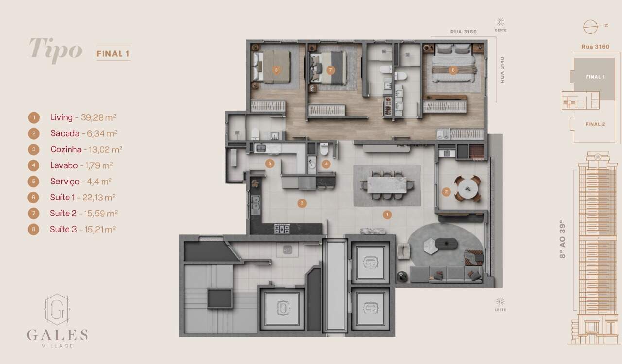 Planta do apartamento tipo de 152,82 m² com 3 suítes, final 1