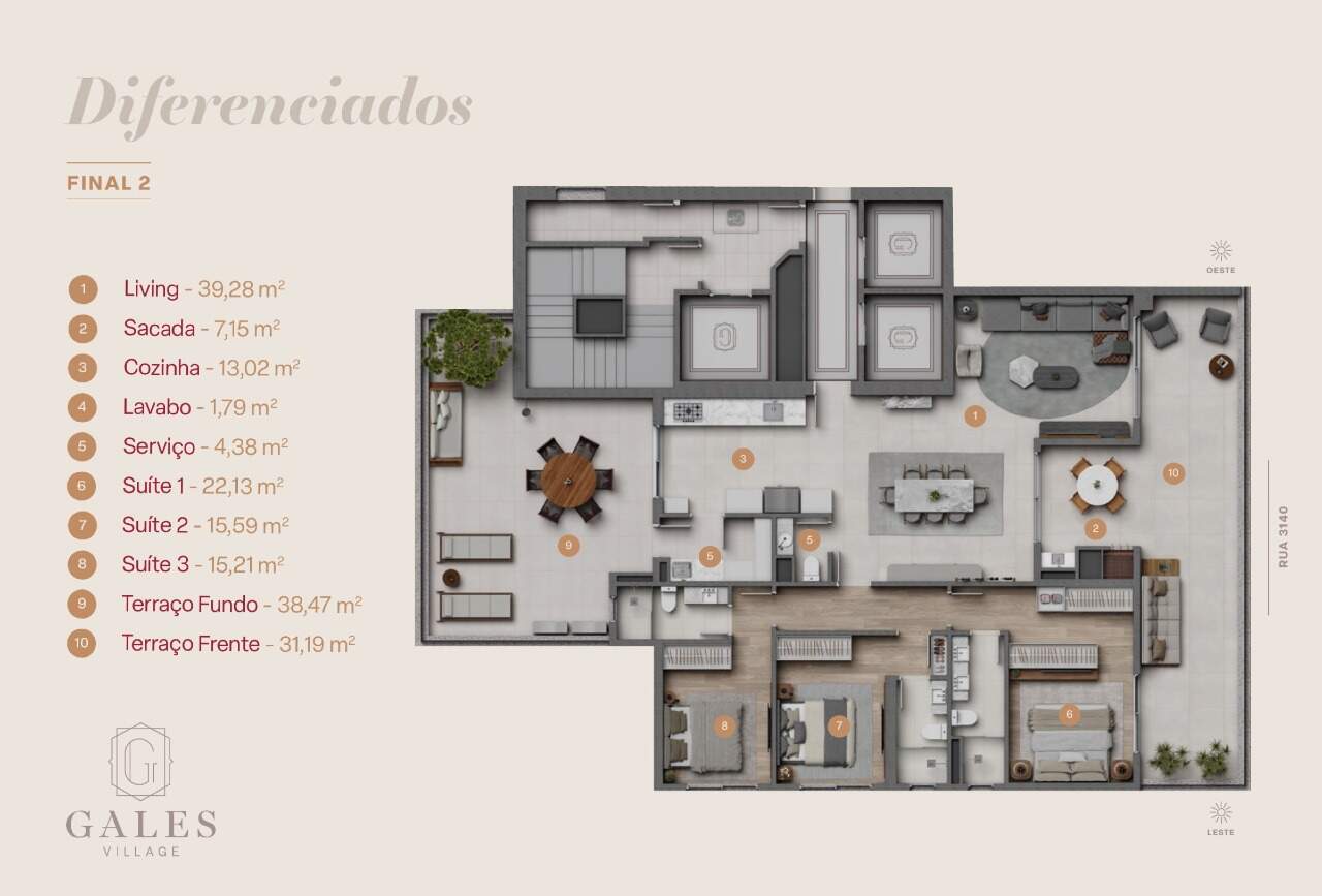 Planta do apartamento diferenciado de 231,14 m² com terraços, final 2