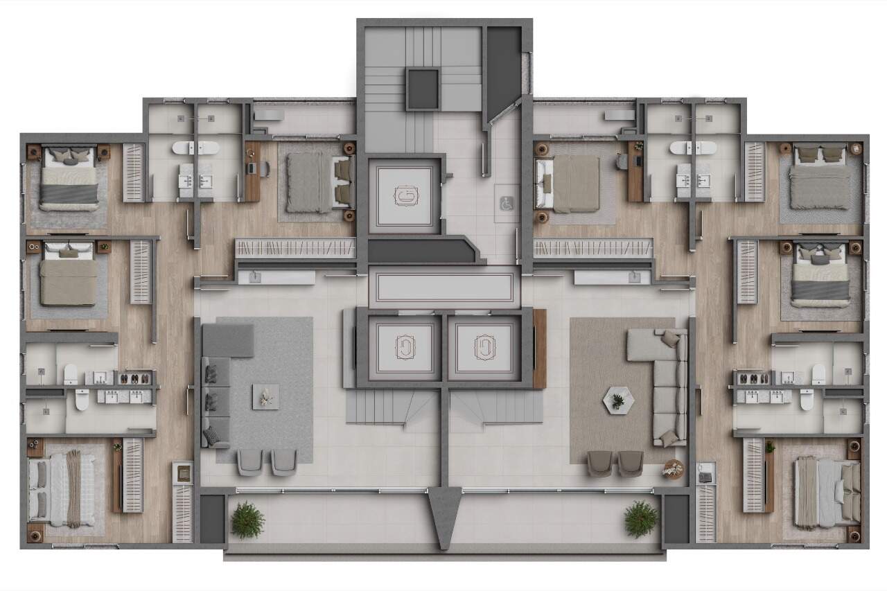 Planta do piso inferior da cobertura duplex: estar íntimo, sacada e 4 suítes