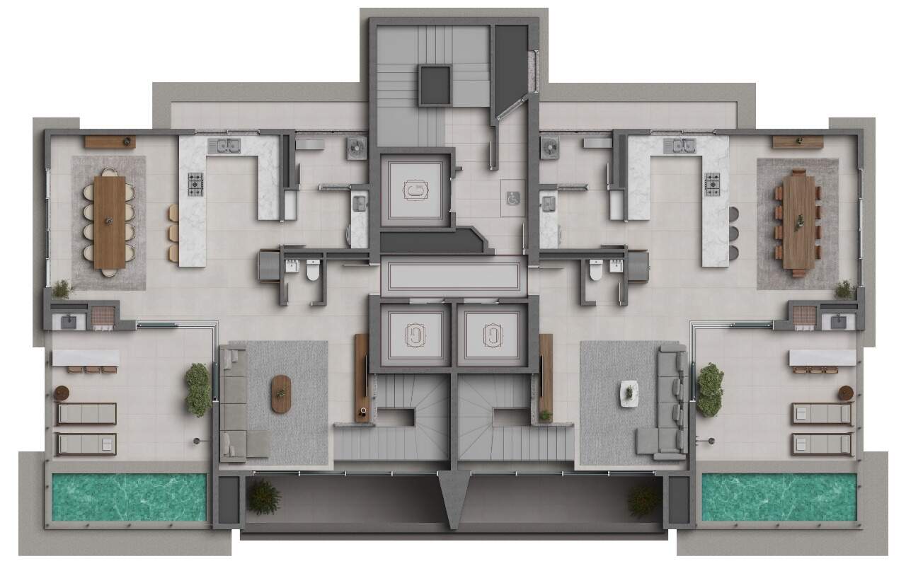 Planta do piso superior da cobertura duplex: estar, jantar, cozinha, terraço e piscina