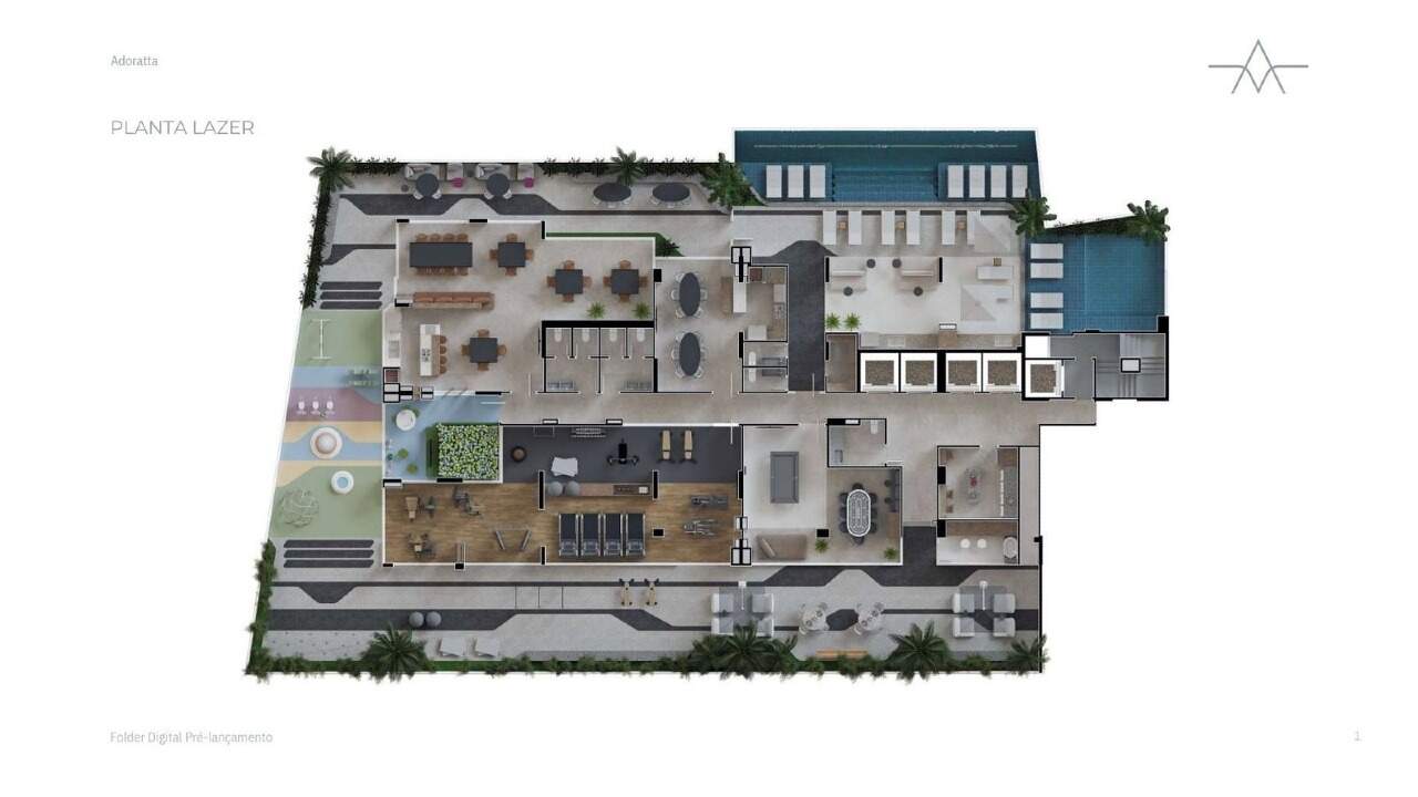 Planta do pavimento de lazer do Adoratta, com piscinas, academia e salão de festas