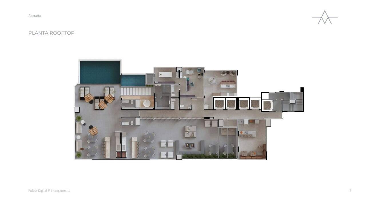 Planta do rooftop do Adoratta, com piscina, sauna, spa e quiosques