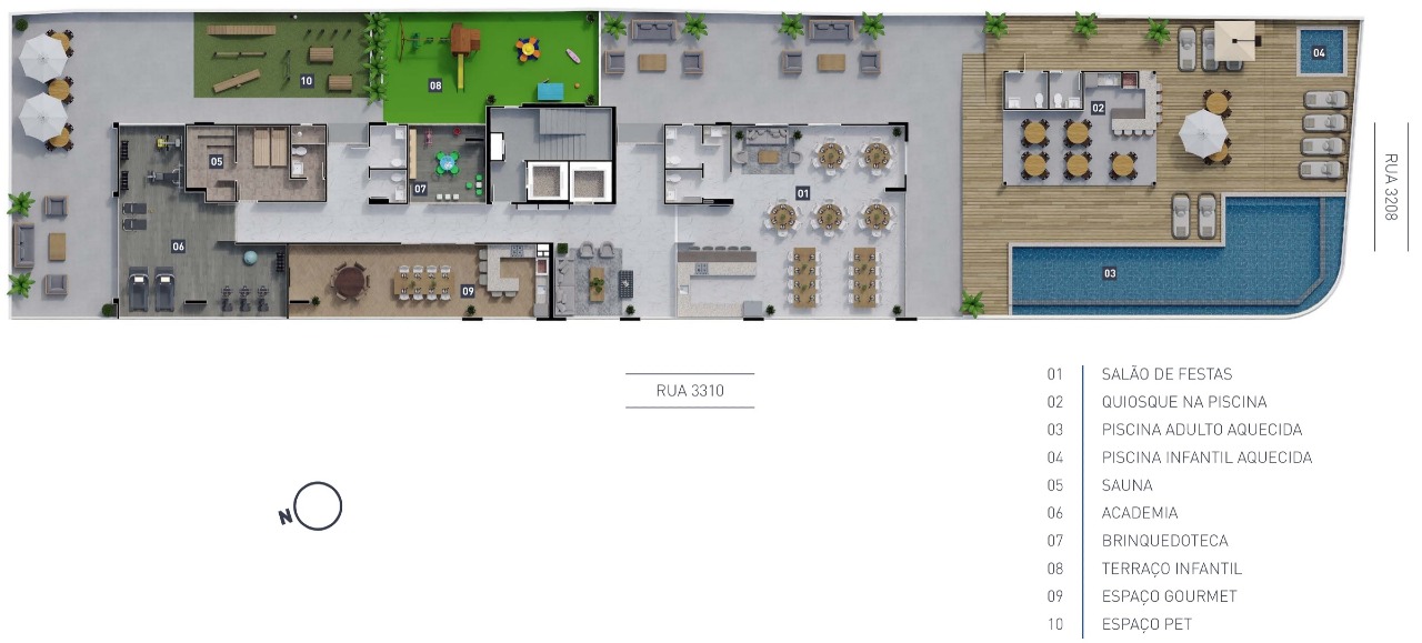 Planta do pavimento de lazer do Azure Residence, com 910,55 m²
