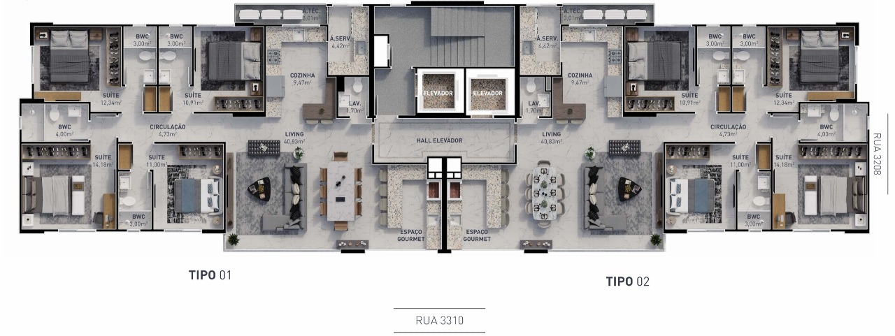 Planta do pavimento tipo do Azure, com dois apartamentos de 4 suítes por andar