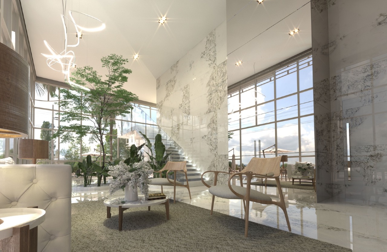 Hall de entrada decorado e mobiliado, com jardim interno (imagem ilustrativa)