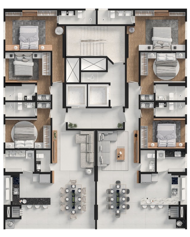 Planta do pavimento tipo, com dois apartamentos de 3 suítes por andar