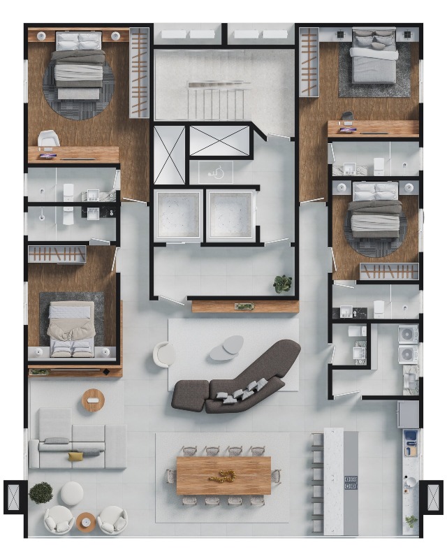 Planta do apartamento de 203,89 m², um por andar, com 4 suítes
