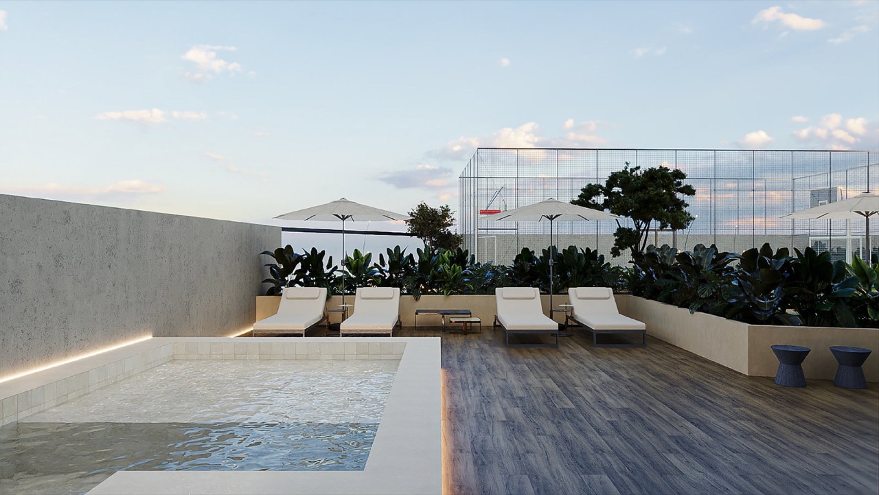 Piscina privativa de uso exclusivo, com deck e espreguiçadeiras (imagem ilustrativa)