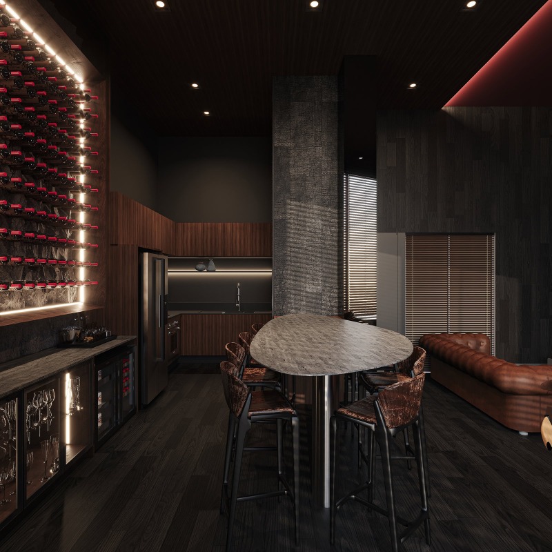 Wine bar com adega na parede e mesa redonda (imagem ilustrativa)