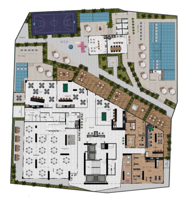 Planta do pavimento de lazer, com piscinas, quadra e salões (imagem ilustrativa)