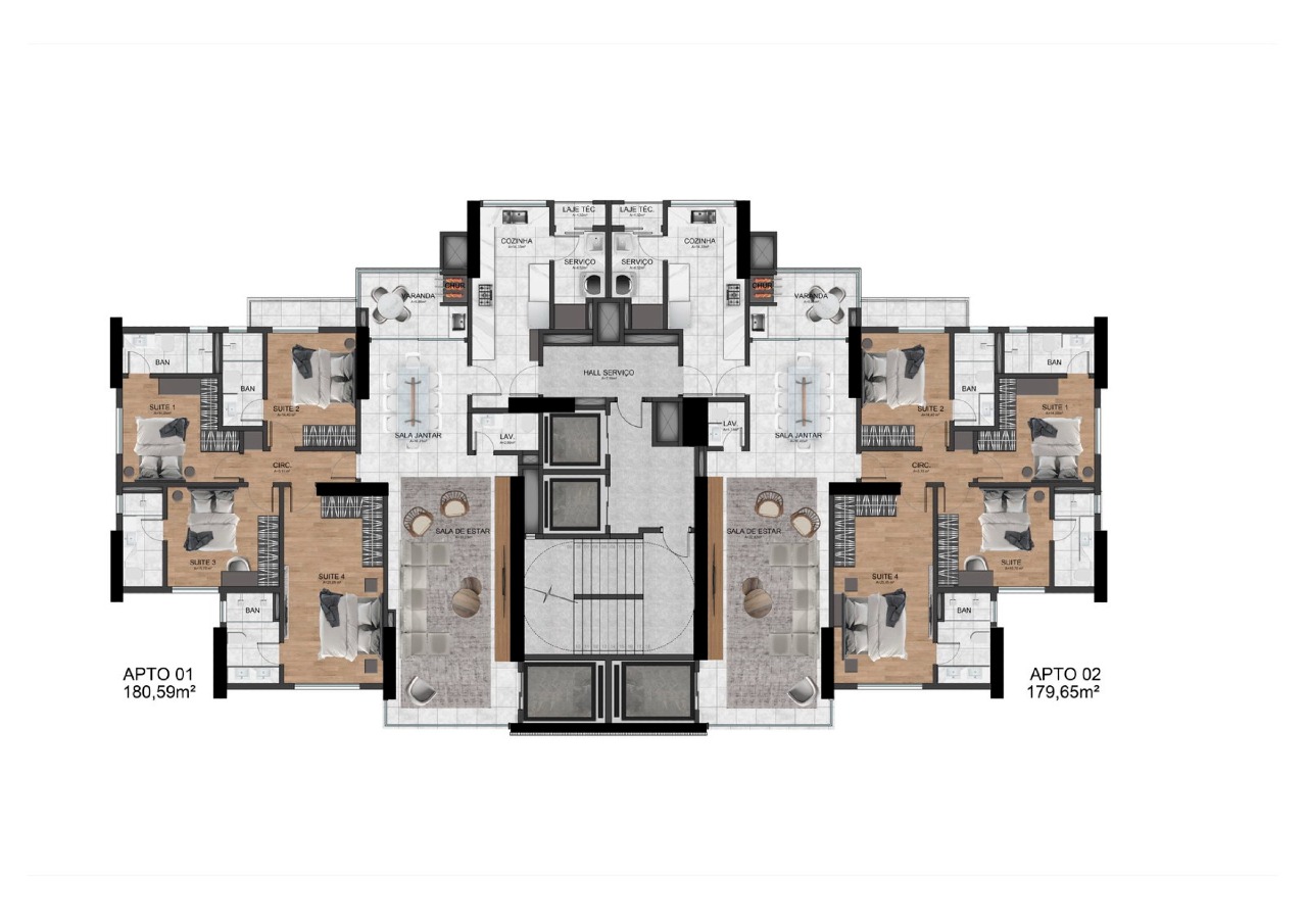Planta do pavimento tipo: dois apartamentos de 4 suítes, de 180,59 e 179,65 m²