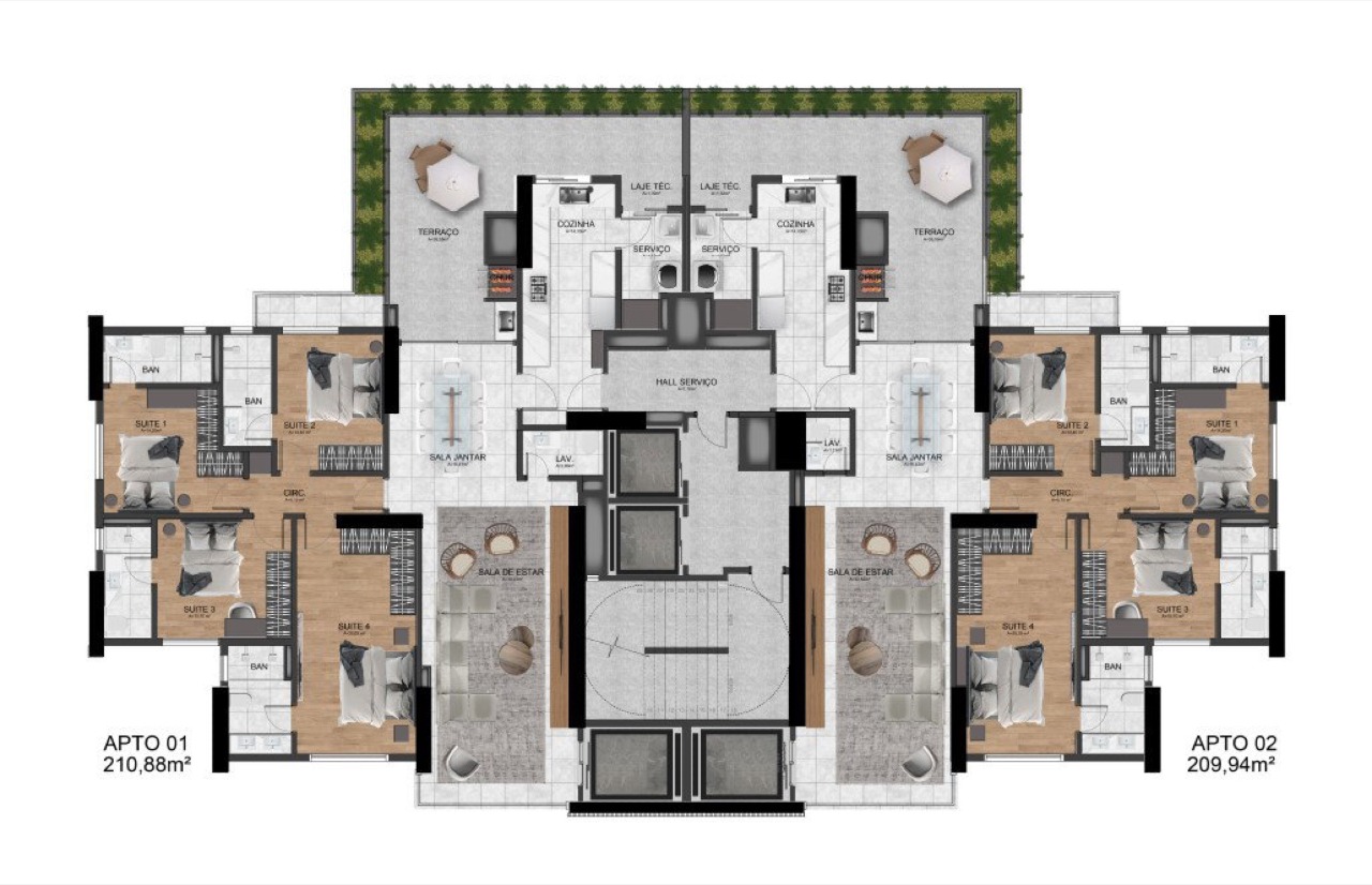 Planta dos diferenciados com terraço, de 210,88 e 209,94 m² (imagem ilustrativa)